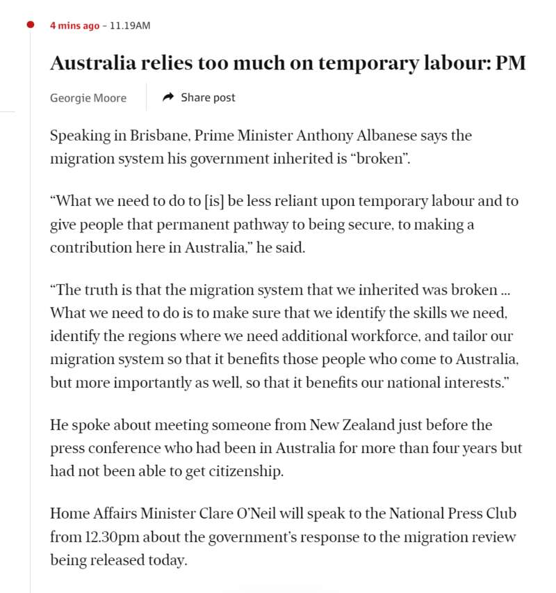 澳洲总理阿尔巴尼斯再次抨击了澳洲当前的移民体系