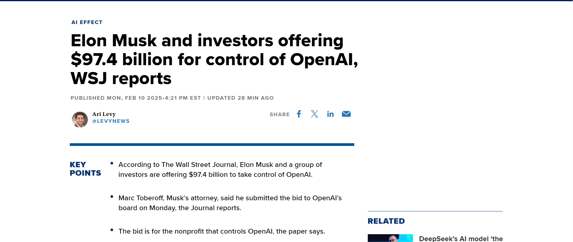 特斯拉CEO埃隆·马斯克正率领一群投资者，提出以974亿美元收购OpenAI的控制权 ...